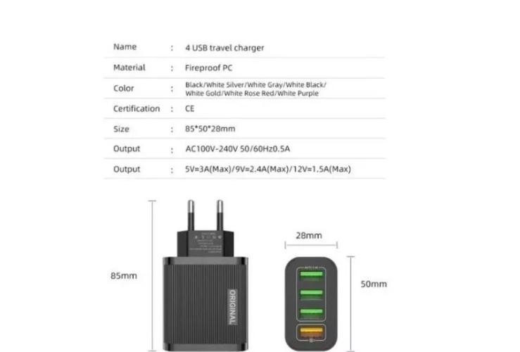 Cargador Original Multipuerto 4 Usb De Carga Rápida 3,0