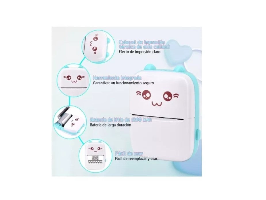 Mini Impresora Térmica Gatita Bluetooth 200dpi + 10 Rollos