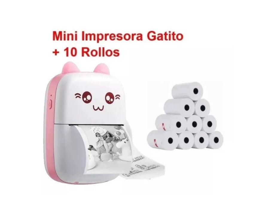 Mini Impresora Térmica Gatita Bluetooth 200dpi + 10 Rollos
